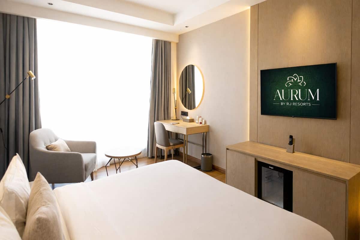A hotel room with a bed, a desk, a chair, a mirror, and a TV mounted on the wall.