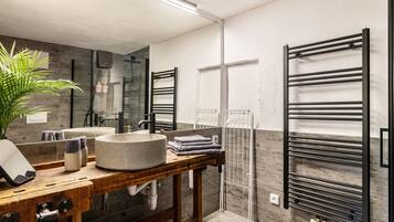 Shower, hair dryer, towels