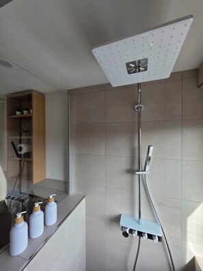 Dusche, Haartrockner, Handtücher, Seife