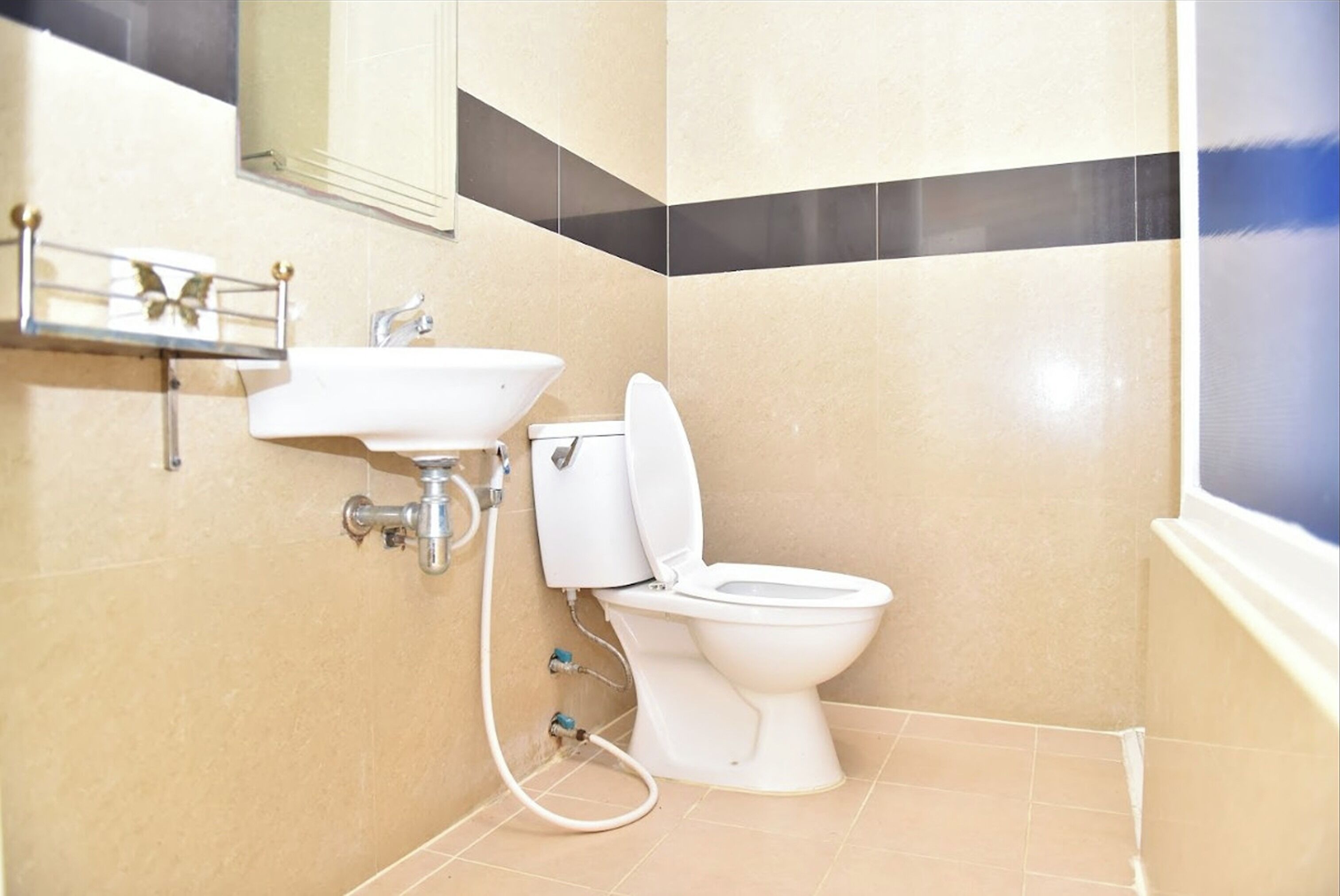 Une salle de bain avec des toilettes, un lavabo et un miroir.