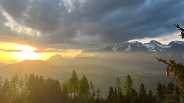 A mountainous landscape with a valley and a forested area.