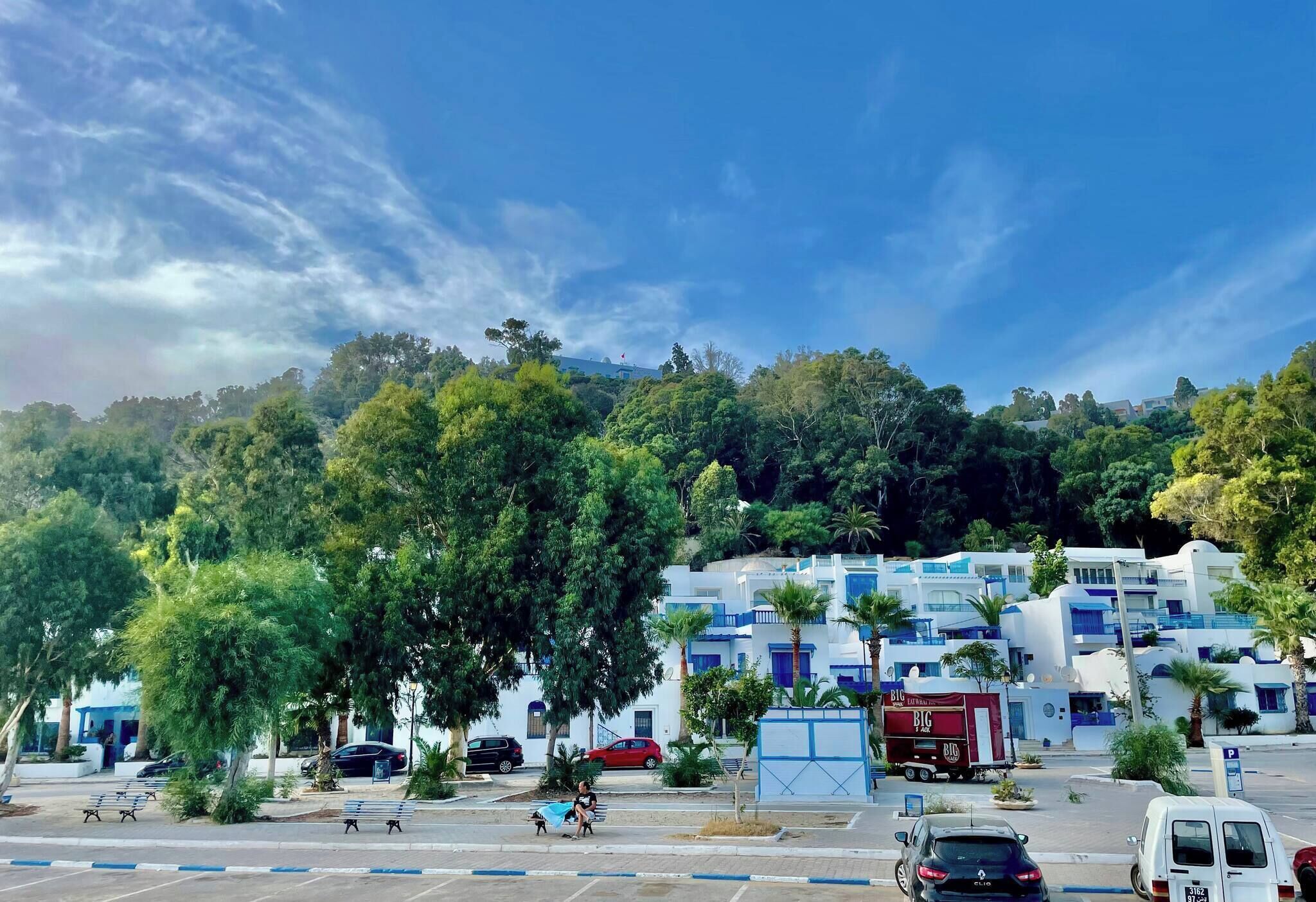 A coastal hotel with white and blue buildings, palm trees, and a parking area.