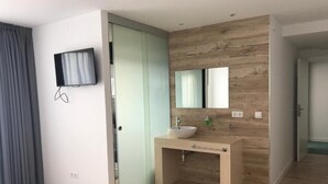 A modern hotel room with a wooden floor, a large mirror, a built-in sink, and a flat-screen TV mounted on the wall. - Hotel Montañes (Suances)