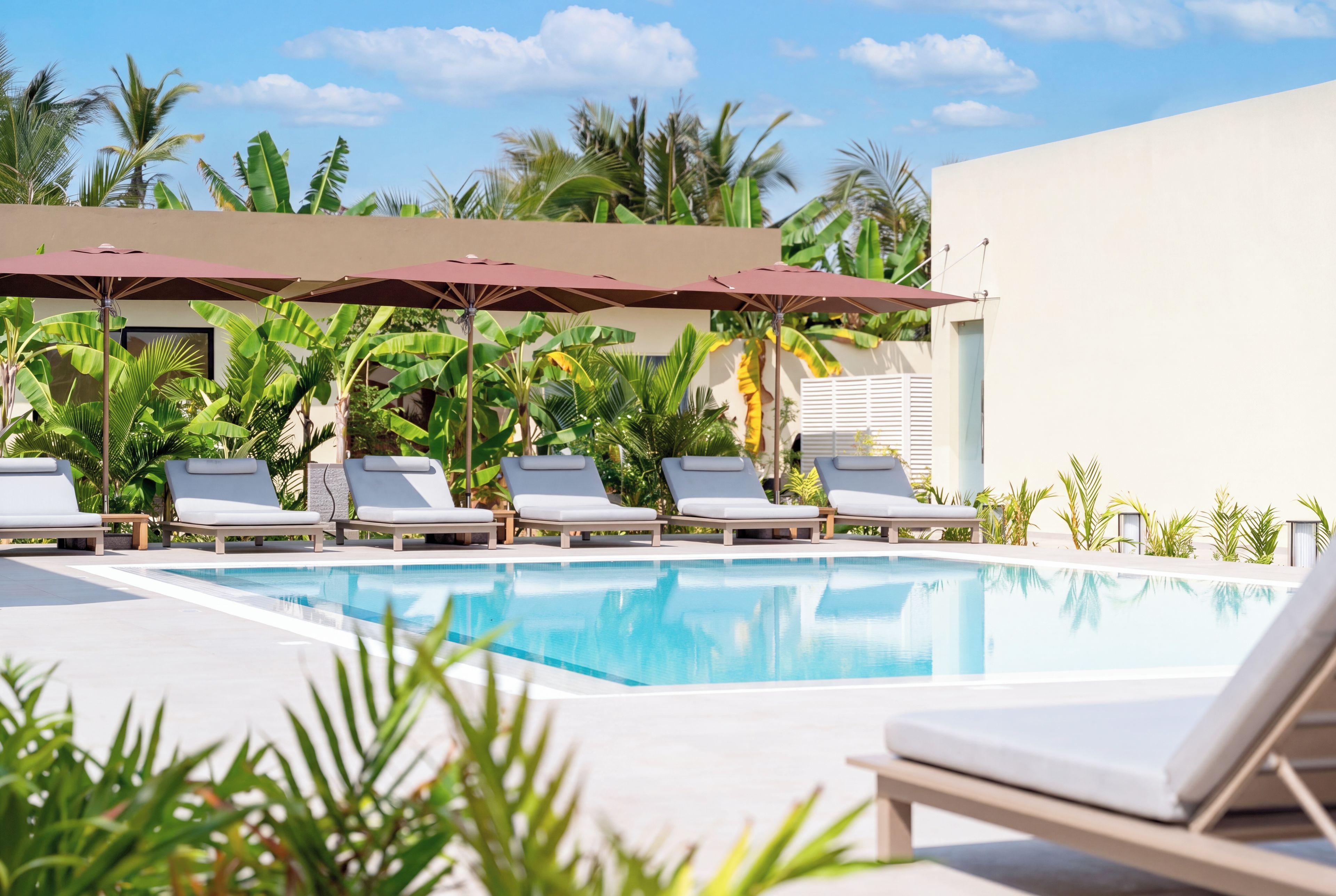 Un espace piscine équipé de chaises longues et de parasols.