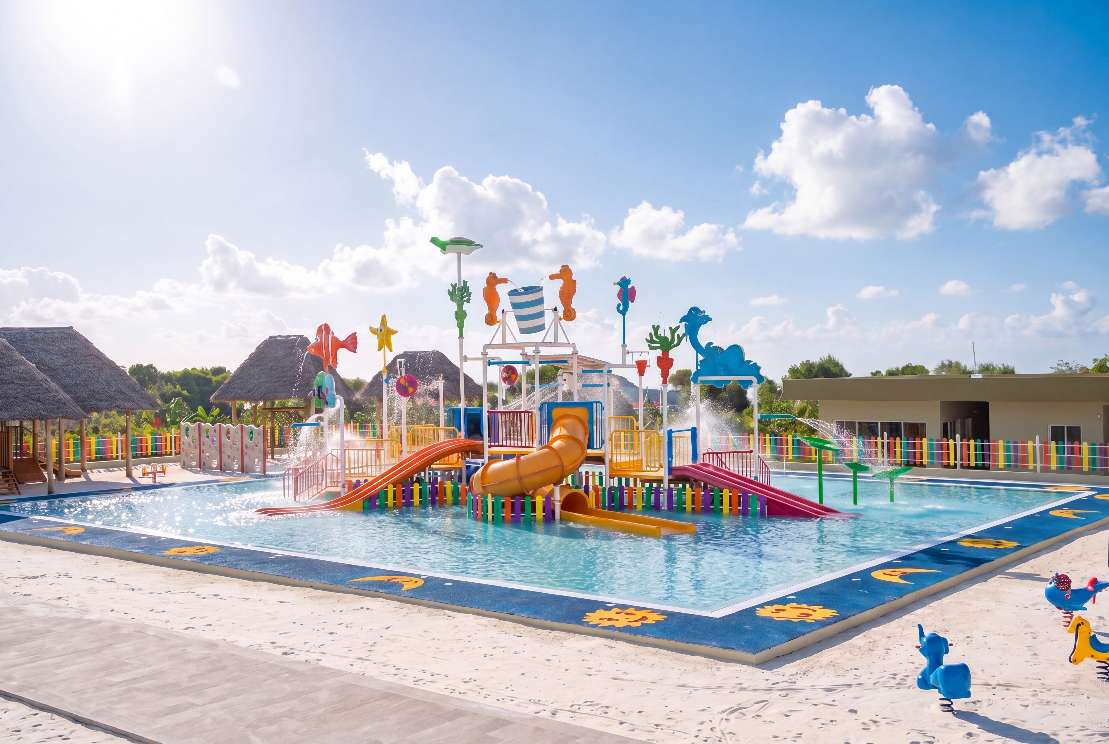 A water park with multiple slides and water features, surrounded by a pool.