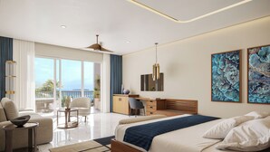 A modern bedroom with a large bed, a desk, and a balcony with a view. - Iberostar Selection Zanzibar – All-Inclusive (Matemwe)