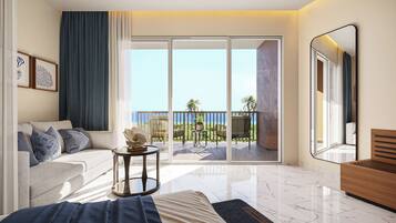 A modern hotel room with a balcony, a sofa, a round table, and a large mirror.