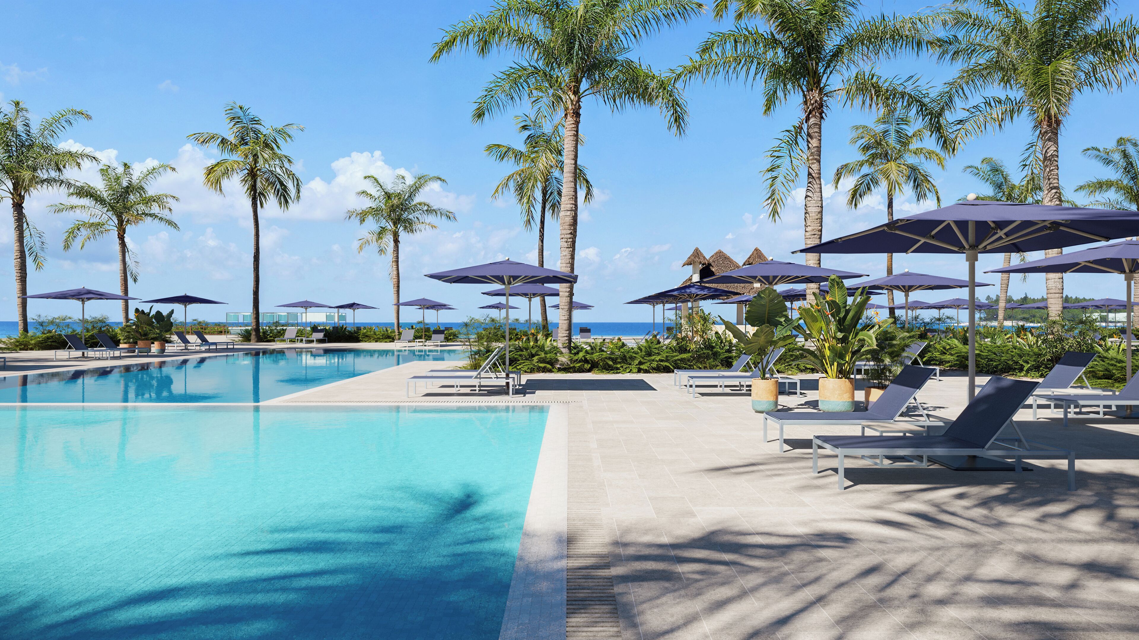 A pool area with lounge chairs and umbrellas, palm trees, and a view of the ocean.