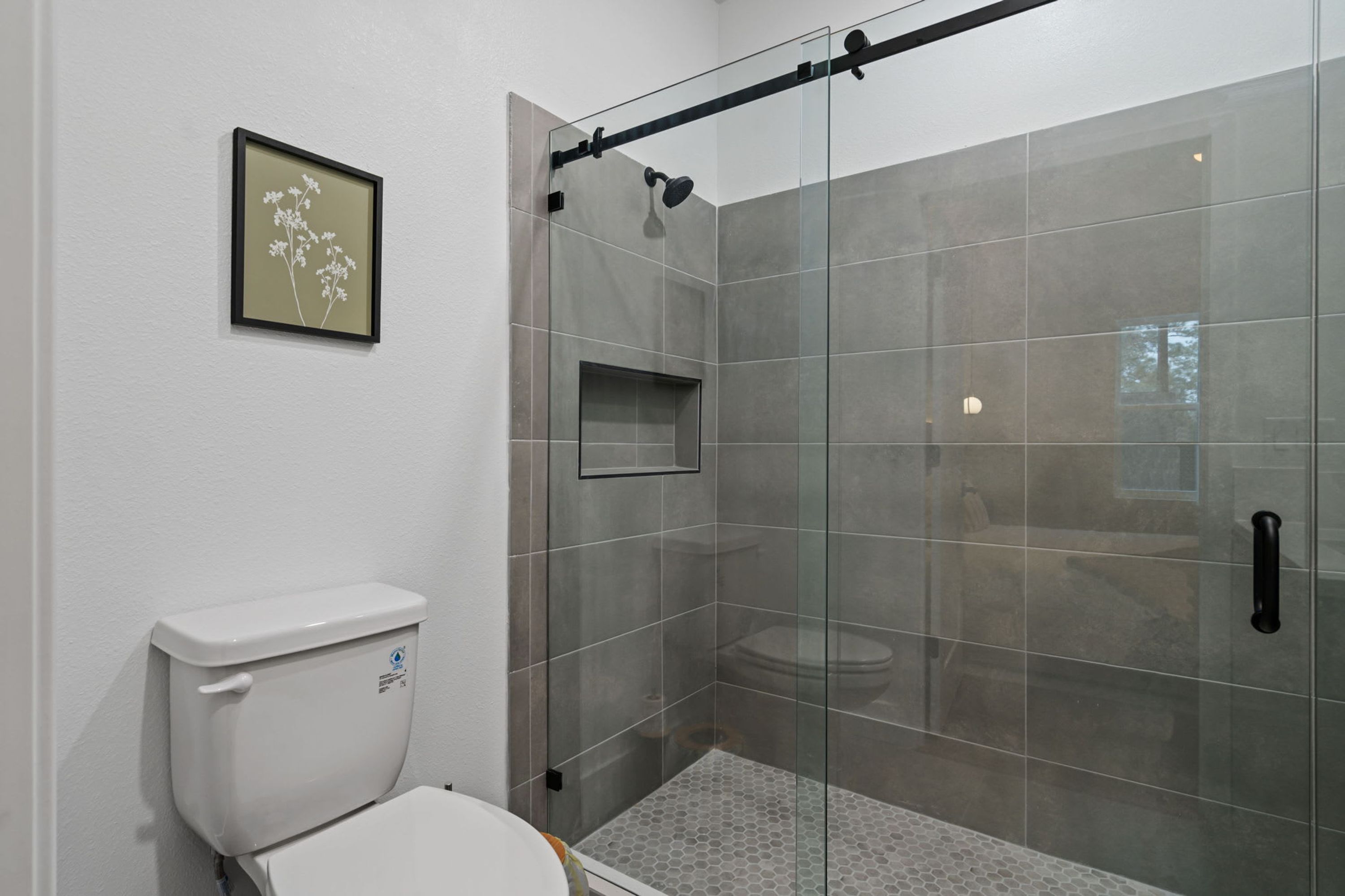 A modern bathroom with a glass shower enclosure, a toilet, and a framed picture on the wall.
