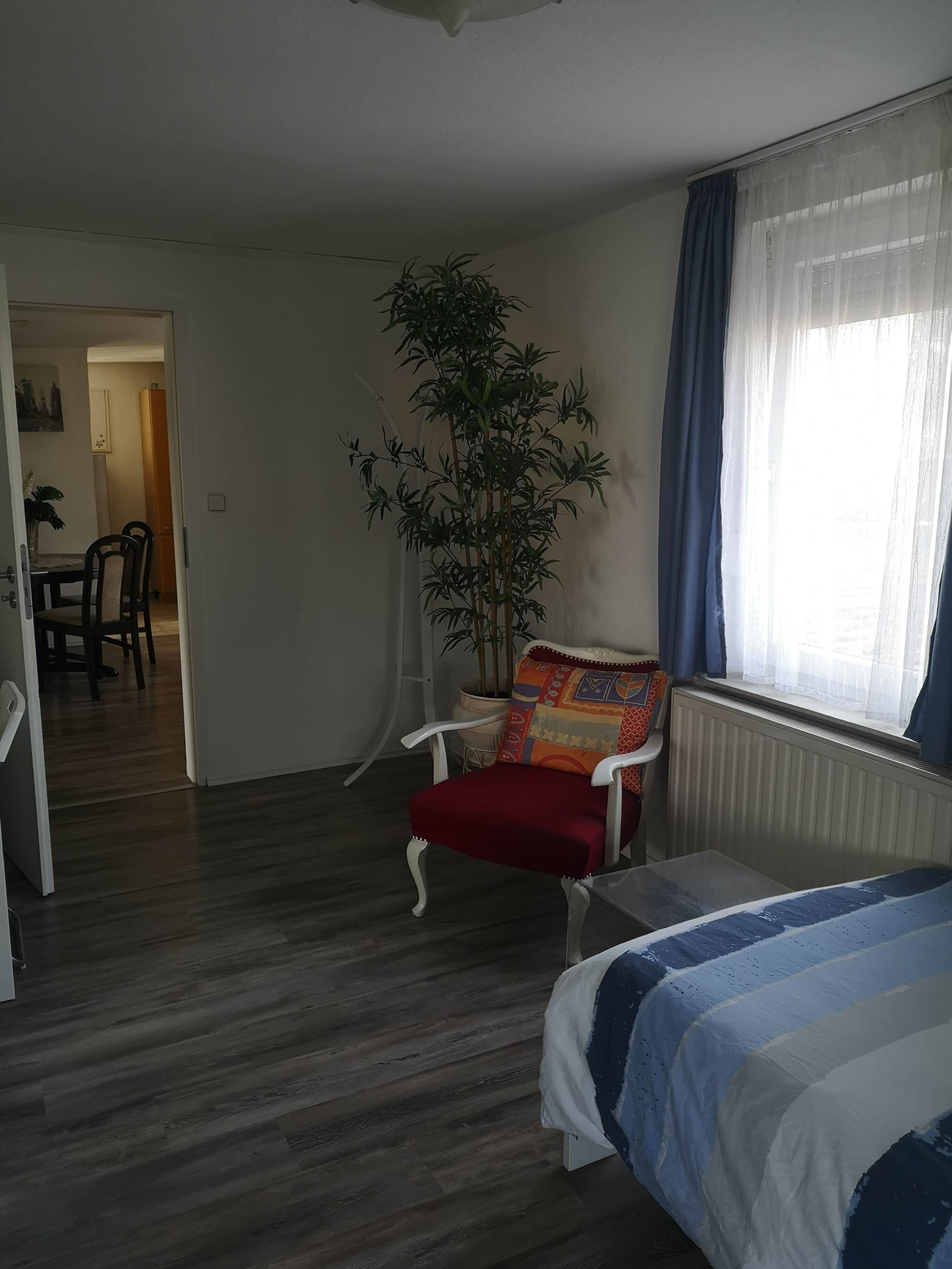 Une pièce comprenant un lit, une chaise, une plante en pot, une fenêtre avec des rideaux et un radiateur.