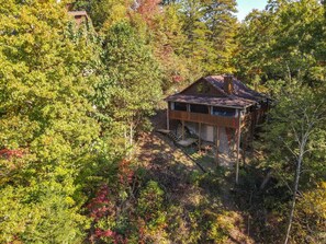 Una baita circondata da un bosco fitto, con una veranda in legno e un camino.