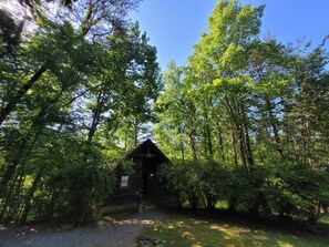 Ein rustikales Blockhaus, umgeben von dichtem Wald.