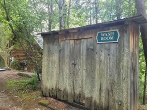A rustic wooden washroom with a sign indicating its purpose. - View  Private Log Cabin  Fireplace  Hot tub  RELAX (Sevierville)