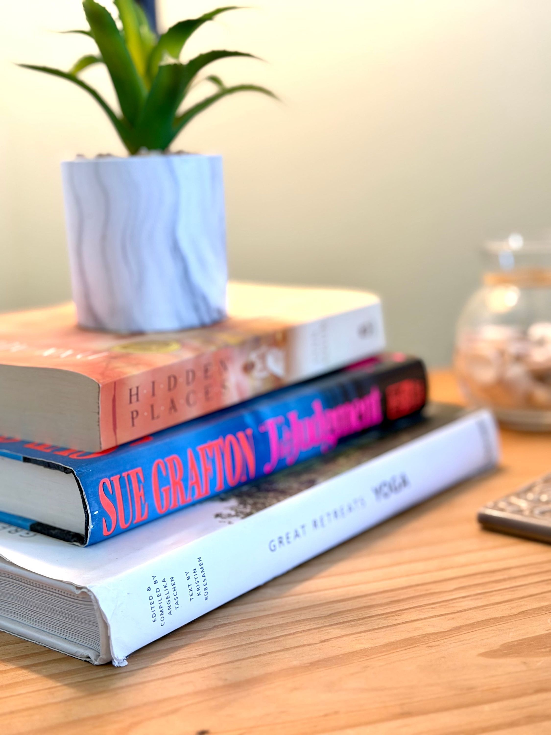 A stack of books on a wooden surface with a potted plant on top.