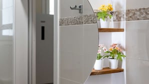 Een badkamer met een gebogen spiegel, een handdoekhouder en twee planten in potten op een plank.
