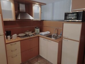 Kühlschrank, Mikrowelle, Herdplatte, Kochgeschirr/Geschirr/Besteck