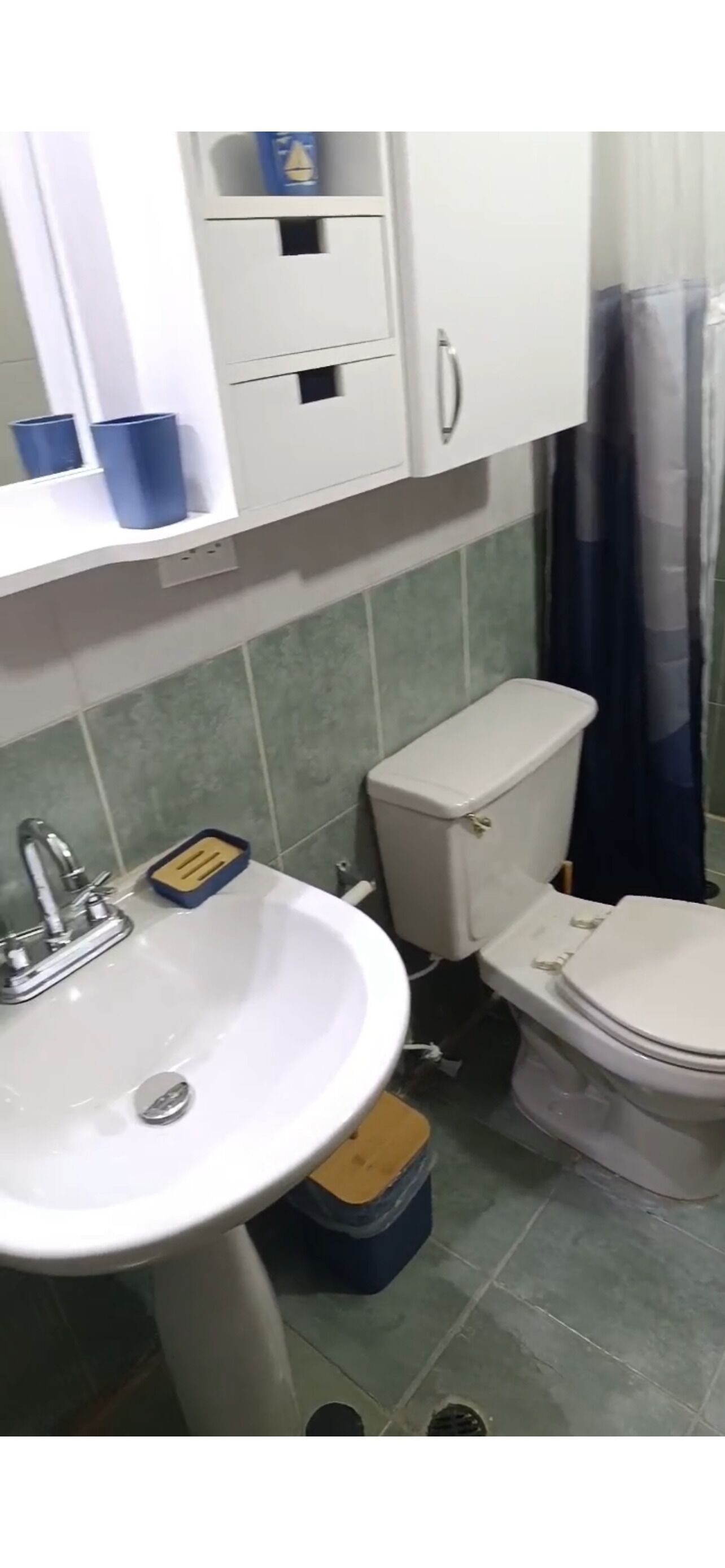 Een badkamer met een witte wastafel, een toilet en een kastje boven de wastafel.