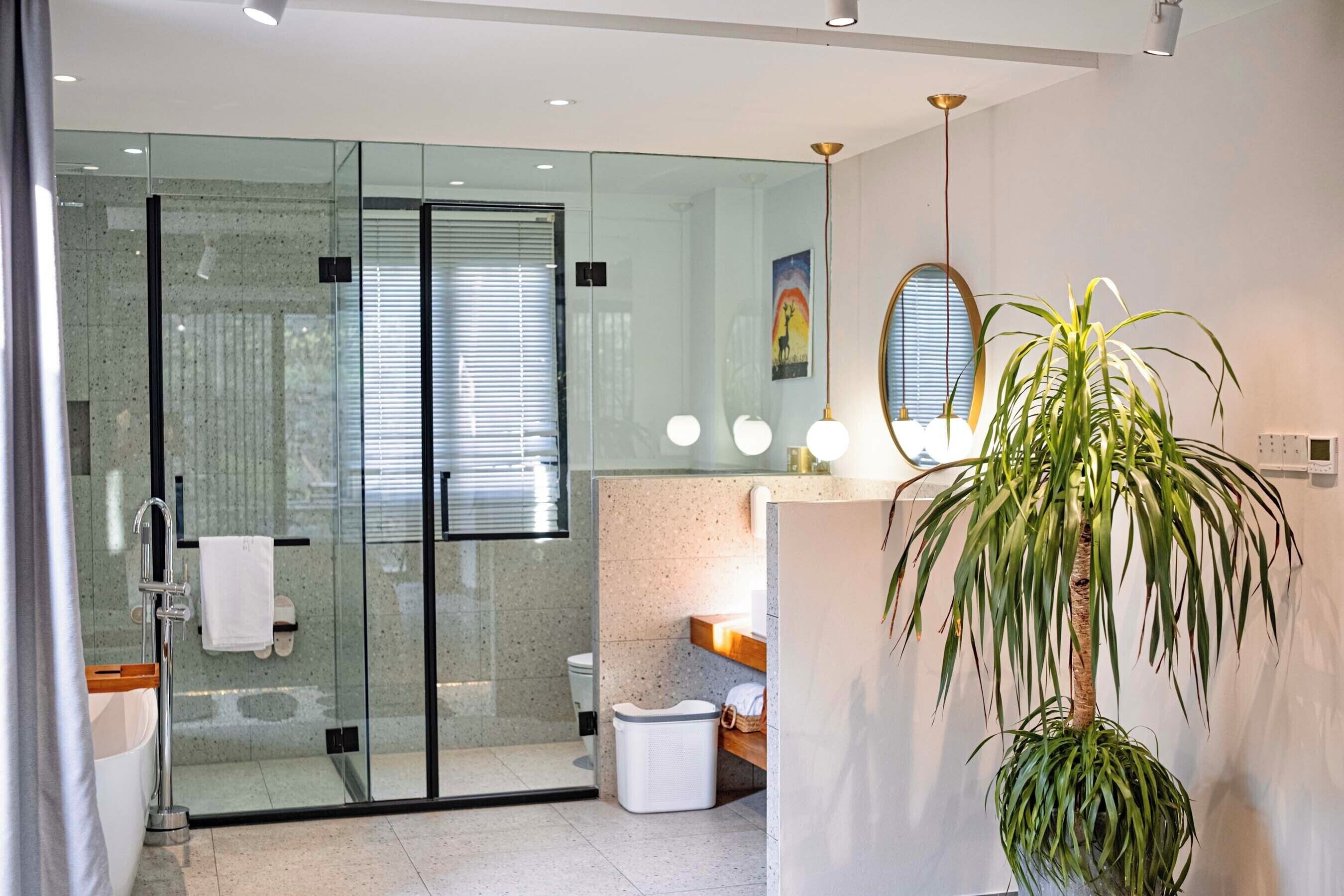 A modern bathroom with a glass shower enclosure, a sink with a mirror, and a potted plant.