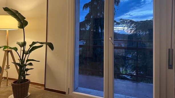 Une pièce dotée d’une porte-fenêtre coulissante donnant sur un balcon d’où l’on peut admirer les arbres et un ciel nuageux.