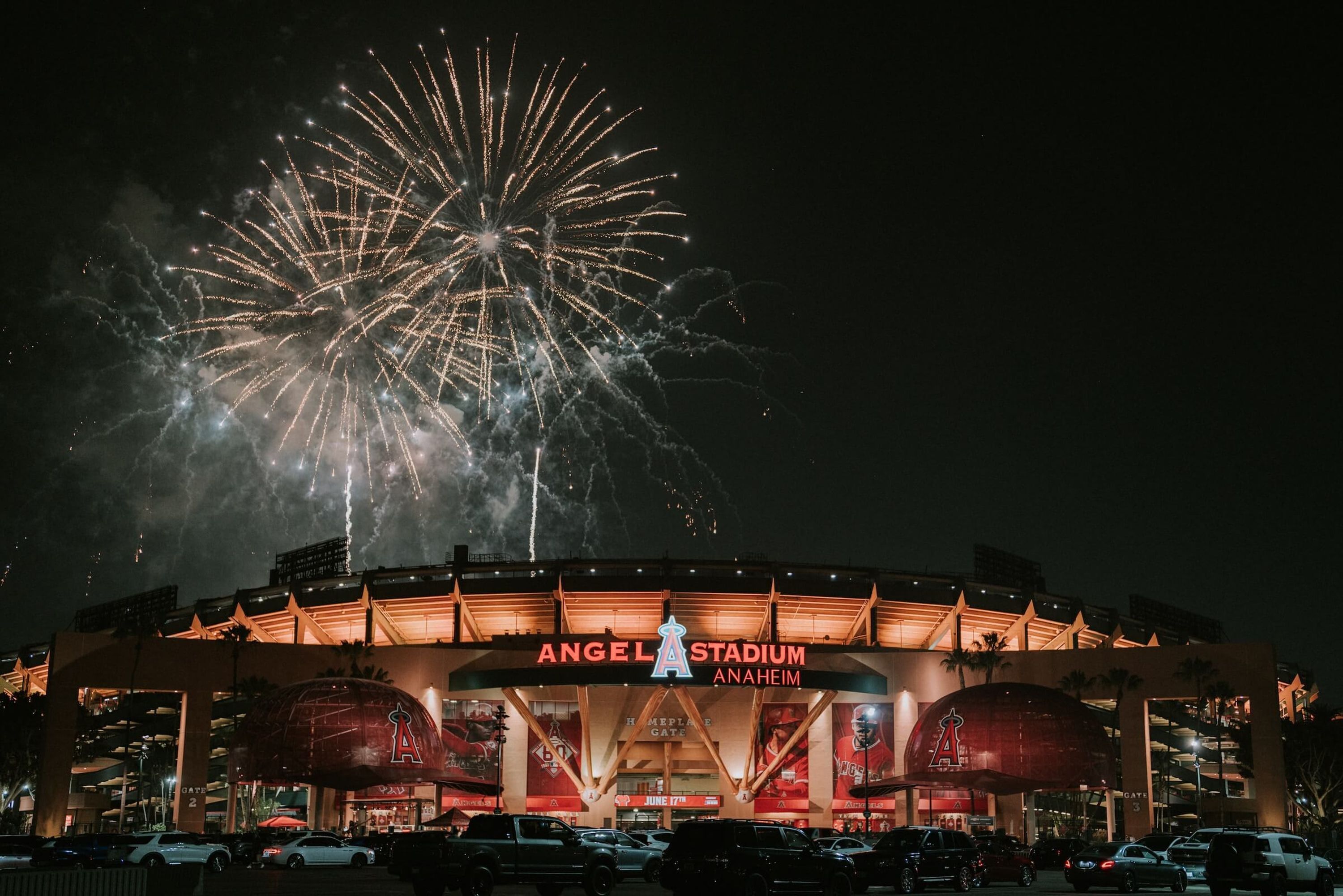 Angel Stadium with fireworks in the background.