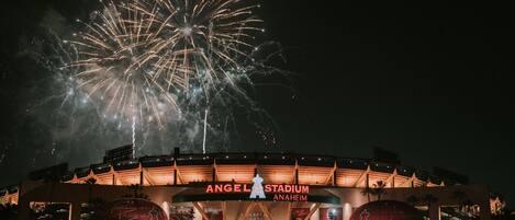 Angel Stadium with fireworks in the background.