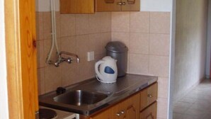Een compacte keuken met een spoelbak, waterkoker en houten kastjes.