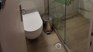 Een badkamer met een douchecabine van glas, een toilet en een wastafel.