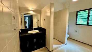 A bathroom with a black vanity, a white sink, and a large mirror.