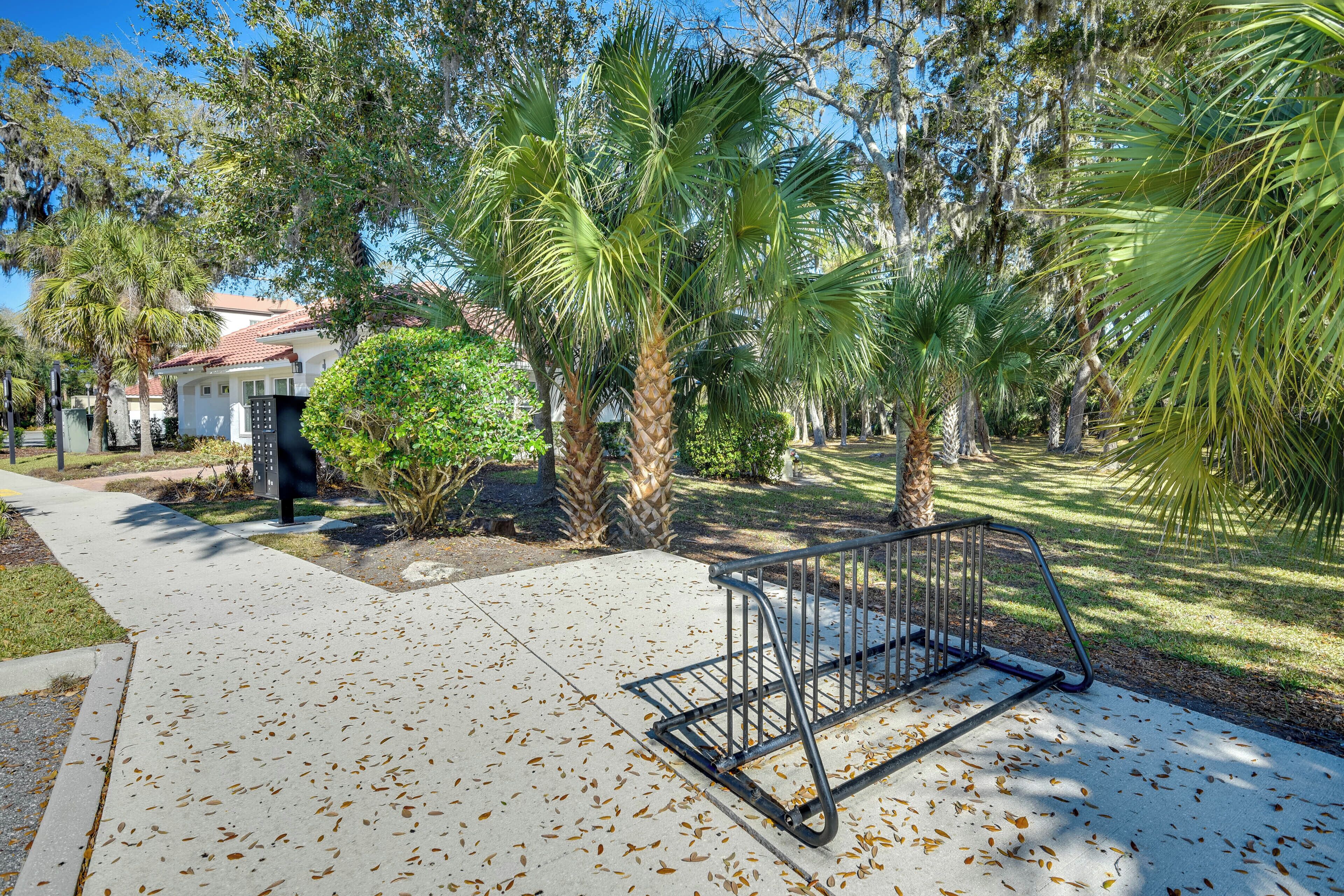 A residential area with a sidewalk, palm trees, and a house with a red roof.