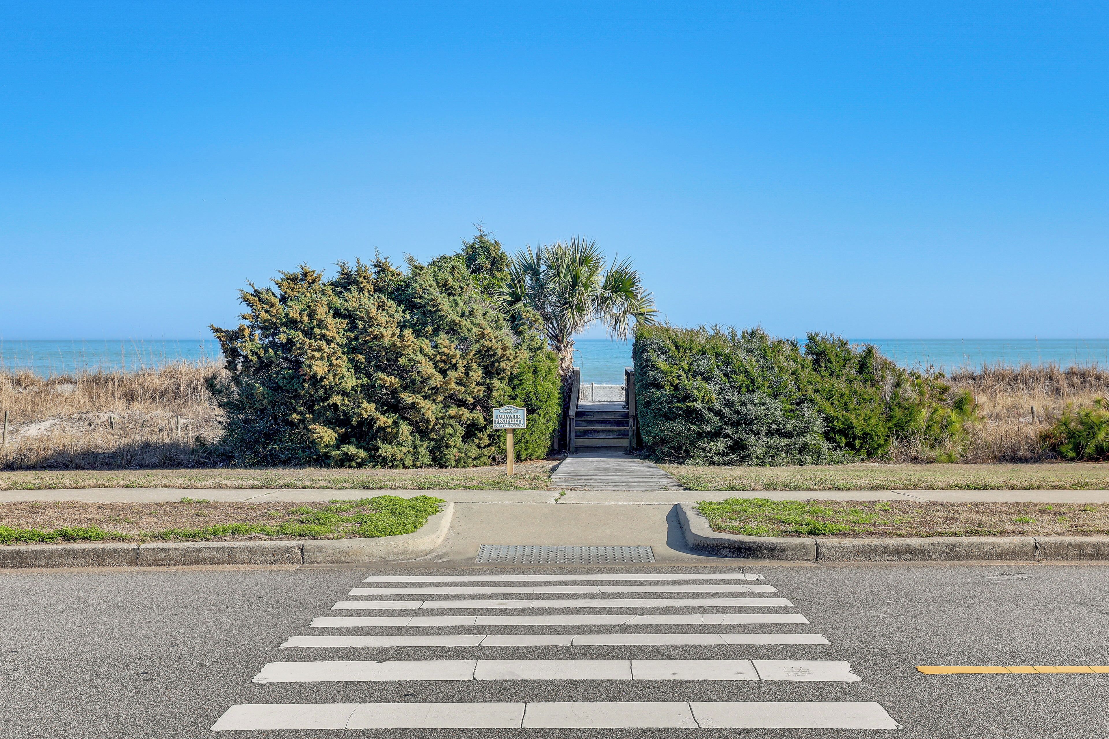 A pedestrian crossing leading to a beach with a palm tree and a sign.