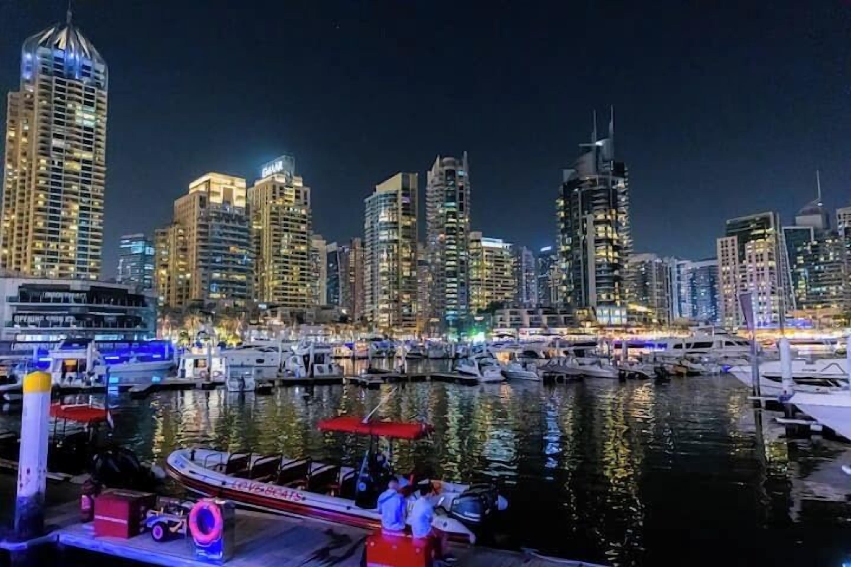 Eine Marina mit vertäuten Booten, eine Skyline mit beleuchteten Gebäuden und ein klarer Nachthimmel.