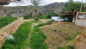 A rural landscape with a white van parked near a stone wall, a palm tree, and a stone pathway leading through a grassy area. - Conastasia - Concona Houses (Rethymno)