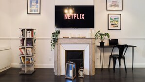 A living room with a fireplace, a bookshelf, a TV displaying 'NETFLIX', and a framed picture above the fireplace. - La Suite Urbaine - Place d'Erlon - Bulle de Calme (Reims)
