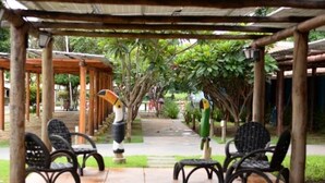 A covered outdoor seating area with chairs and a pathway. - Pousada Bom Jardim (Nobres)