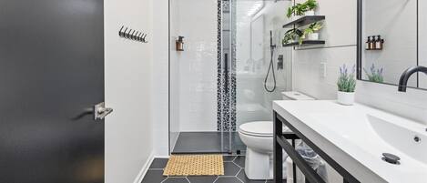 Shower, hair dryer, towels, shampoo