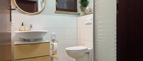 Douche, séchoir à cheveux, serviettes fournies, papier de toilette