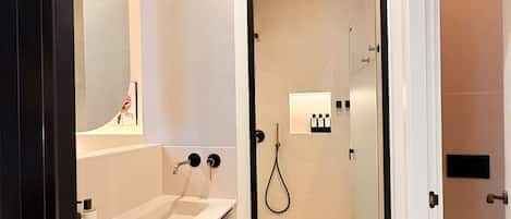 Shower, hair dryer, towels