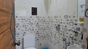 Hair dryer, towels, soap, toilet paper
