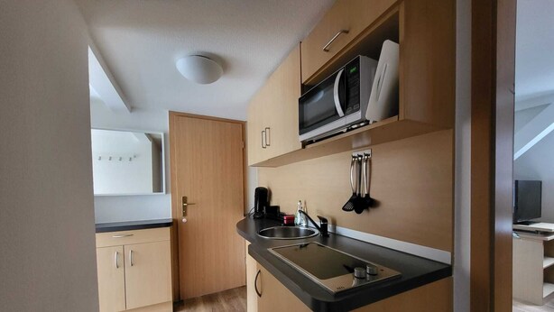 A compact kitchen with wooden cabinets, a microwave, a kettle, and a sink. - Quaint 2-bedroom apartment in delightful Stuttgart neighborhood W7 (Stuttgart)