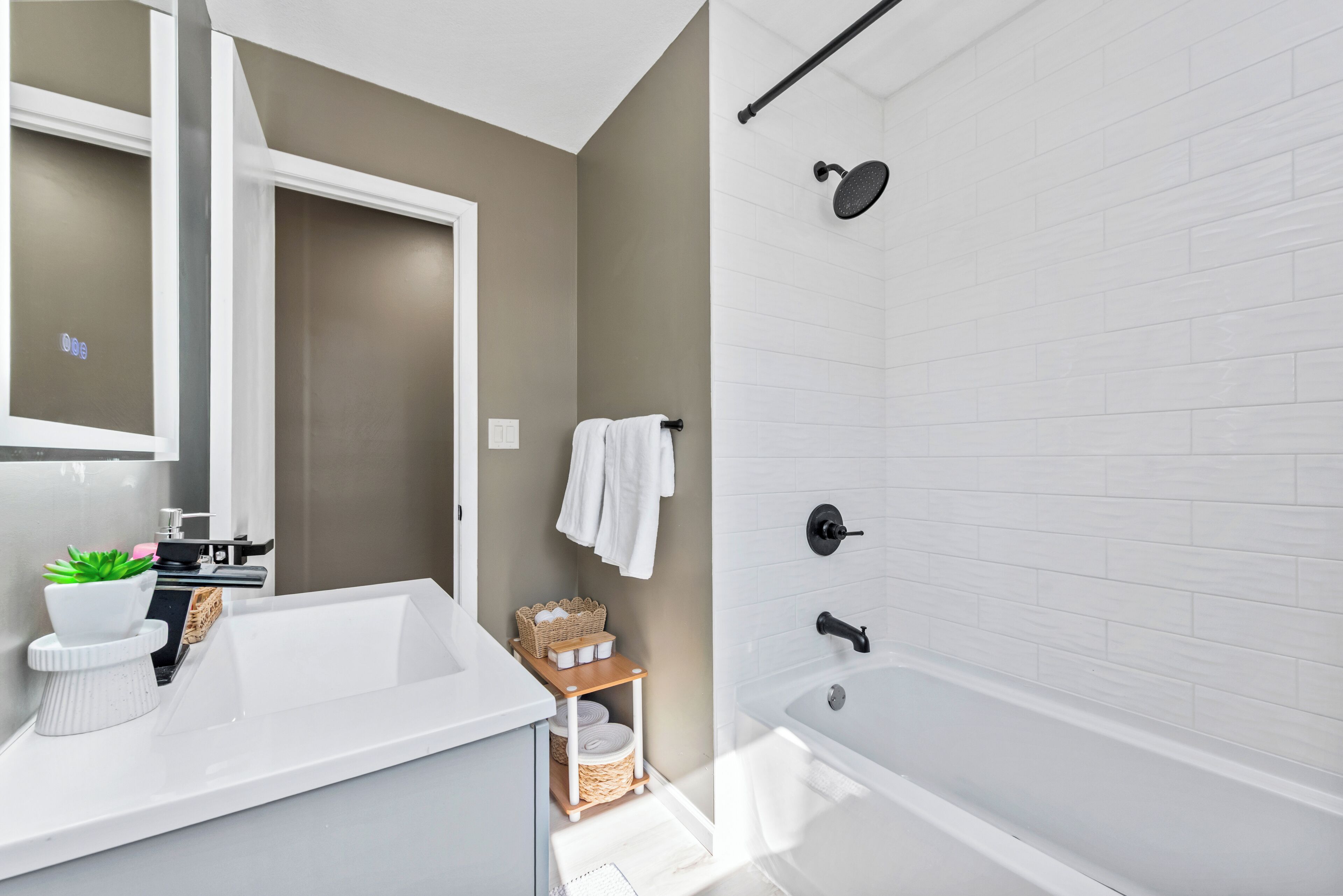 Hair dryer, towels, soap, shampoo