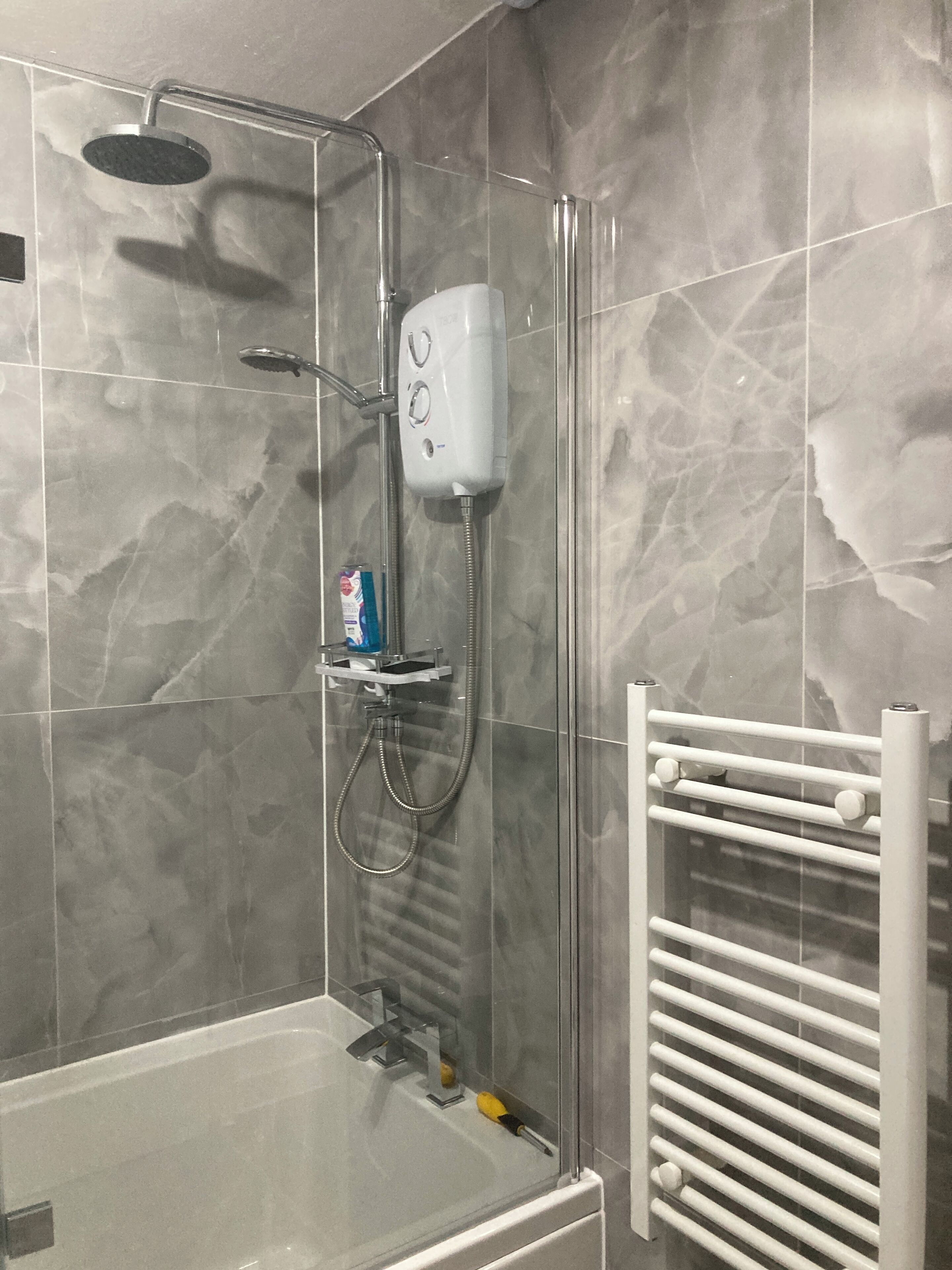 Hair dryer, towels, soap, toilet paper