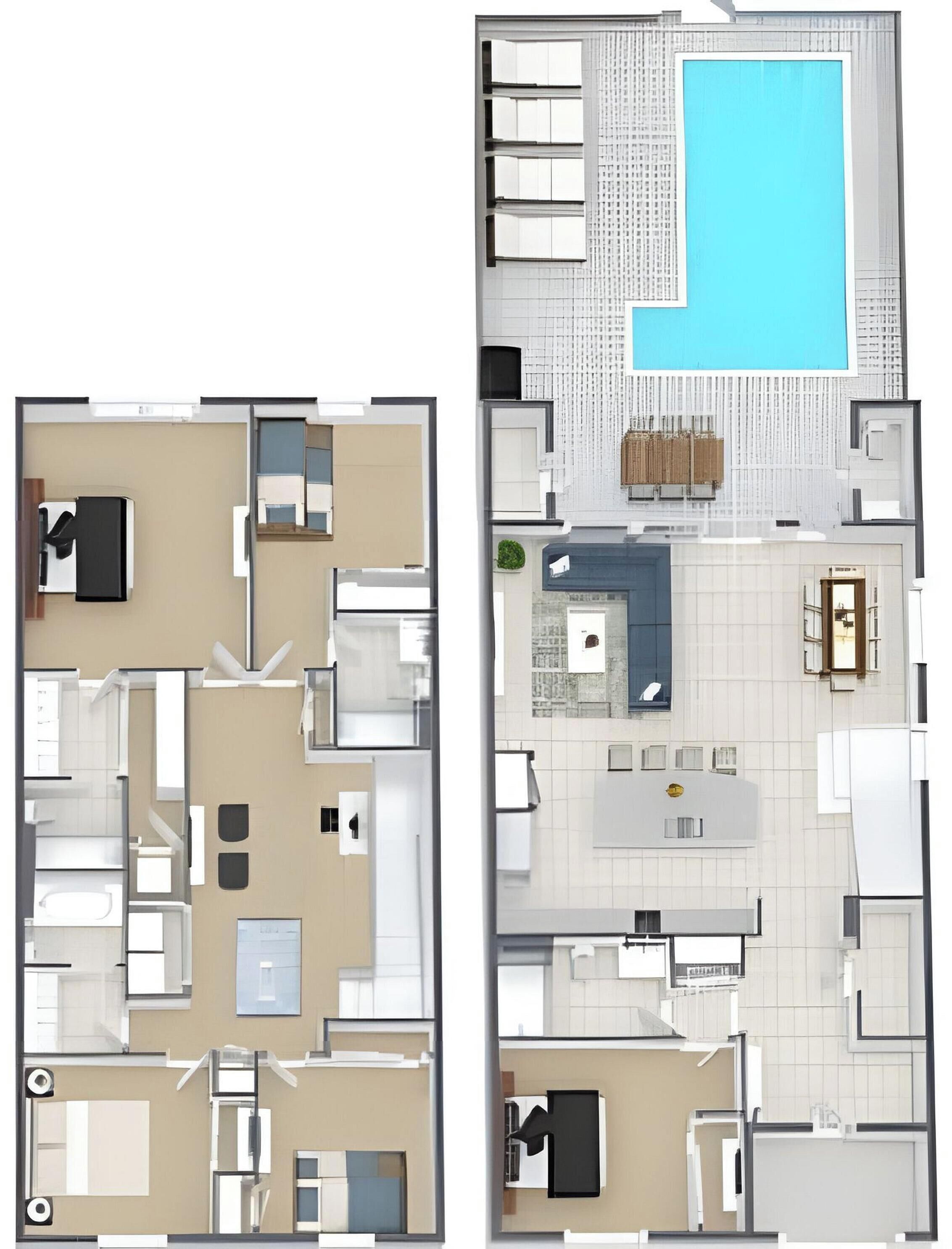 Een plattegrond van een hotelkamer met een kitchenette, een badkamer, een zithoek en een balkon met een zwembad.