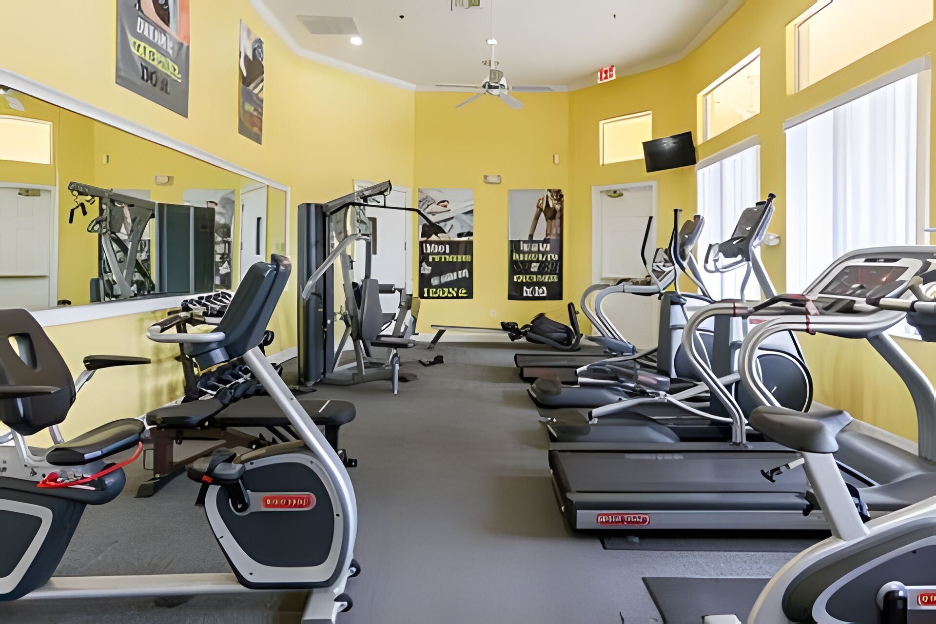 A gym with treadmills, weight machines, and a ceiling fan.