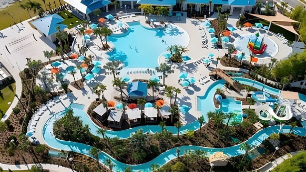 Een vogelperspectief van een resort met meerdere zwembaden, waterglijbanen en ontspanningszones.