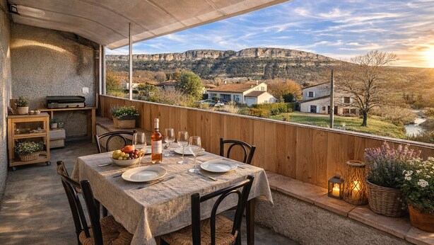 Comedor con una mesa dispuesta para cuatro personas, con vistas a un paisaje pintoresco con casas y montañas.