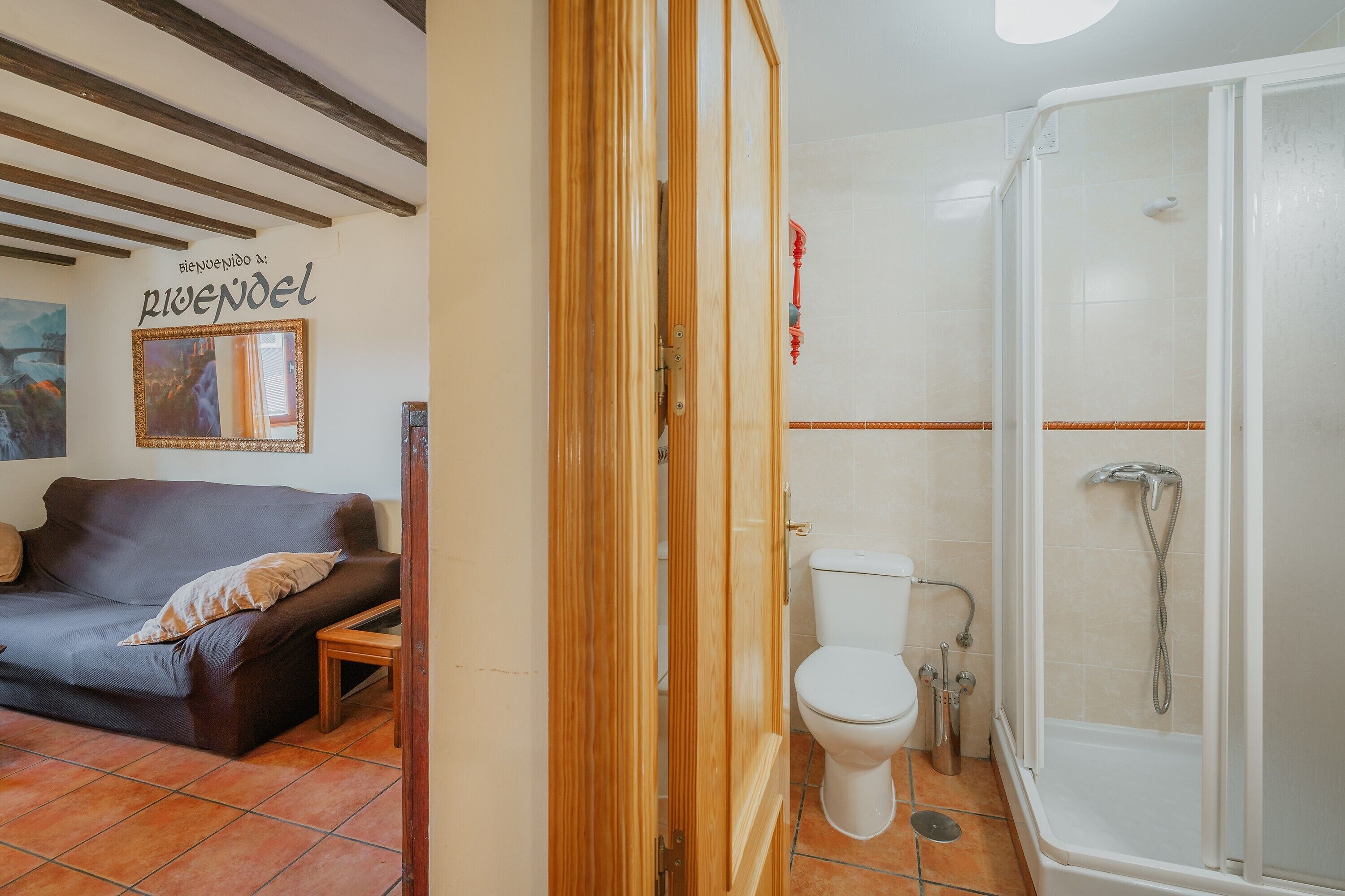 Une salle de bain avec douche, toilettes et une porte en bois.