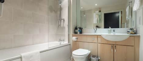 Hair dryer, towels, soap, toilet paper
