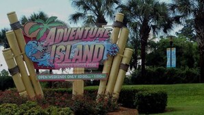 Schild für Adventure Island im tropischen Stil, mit Palmen und einer Meeresschildkröte.