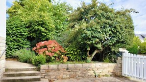 Un jardín residencial con un muro de piedra, una cerca blanca de piquetes y una escalera de hormigón que lleva a una casa.