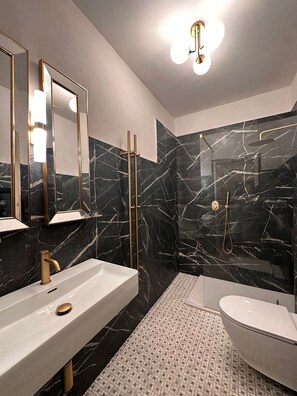 Regadera, toallas, jabón, papel de baño 